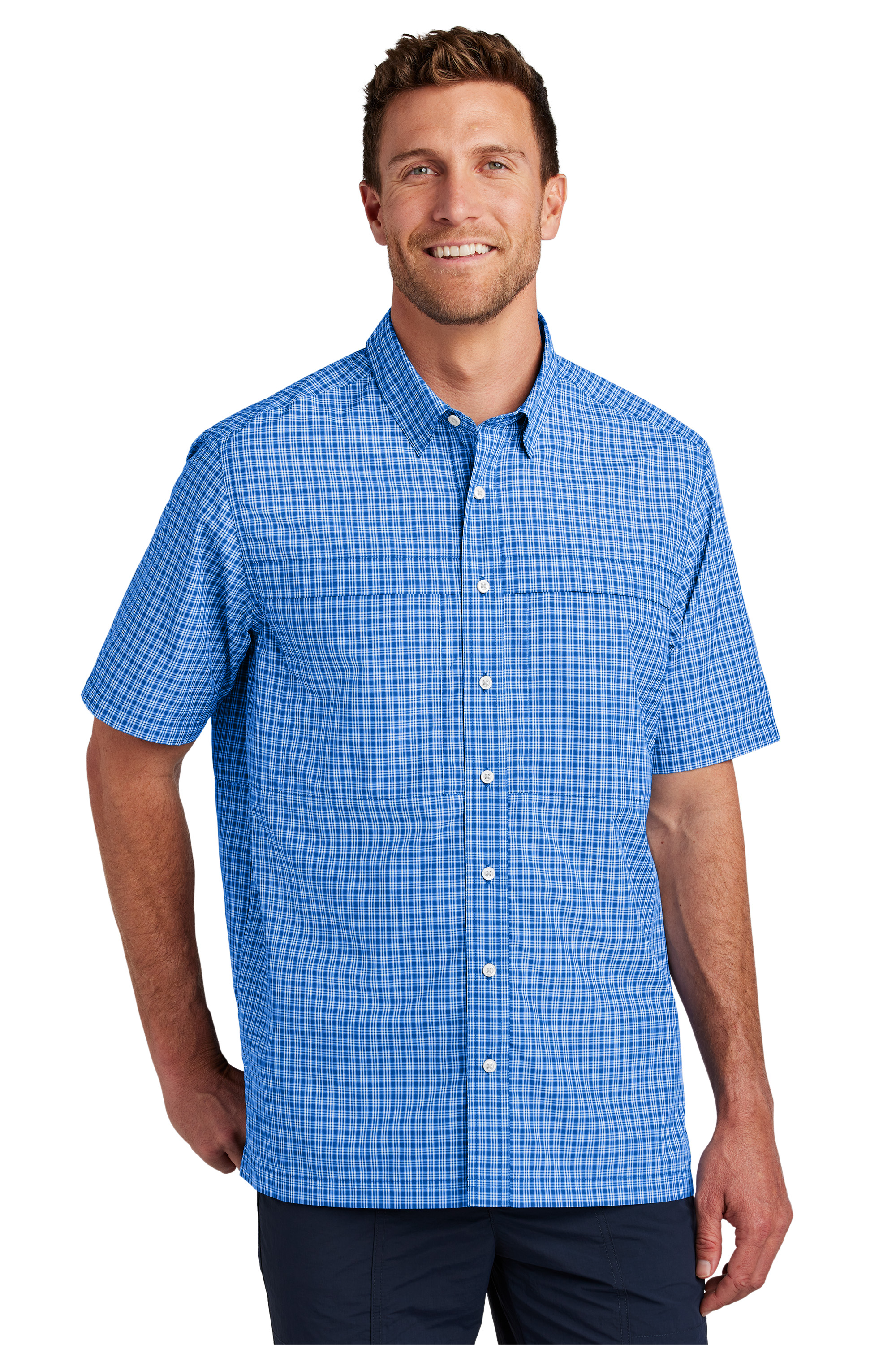 W961 True Royal White Mini Plaid Model Front